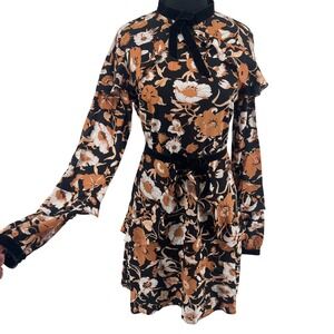 For Love & Lemons Floral Print Velvet Trim Dress Black Orange White Long Sleeve